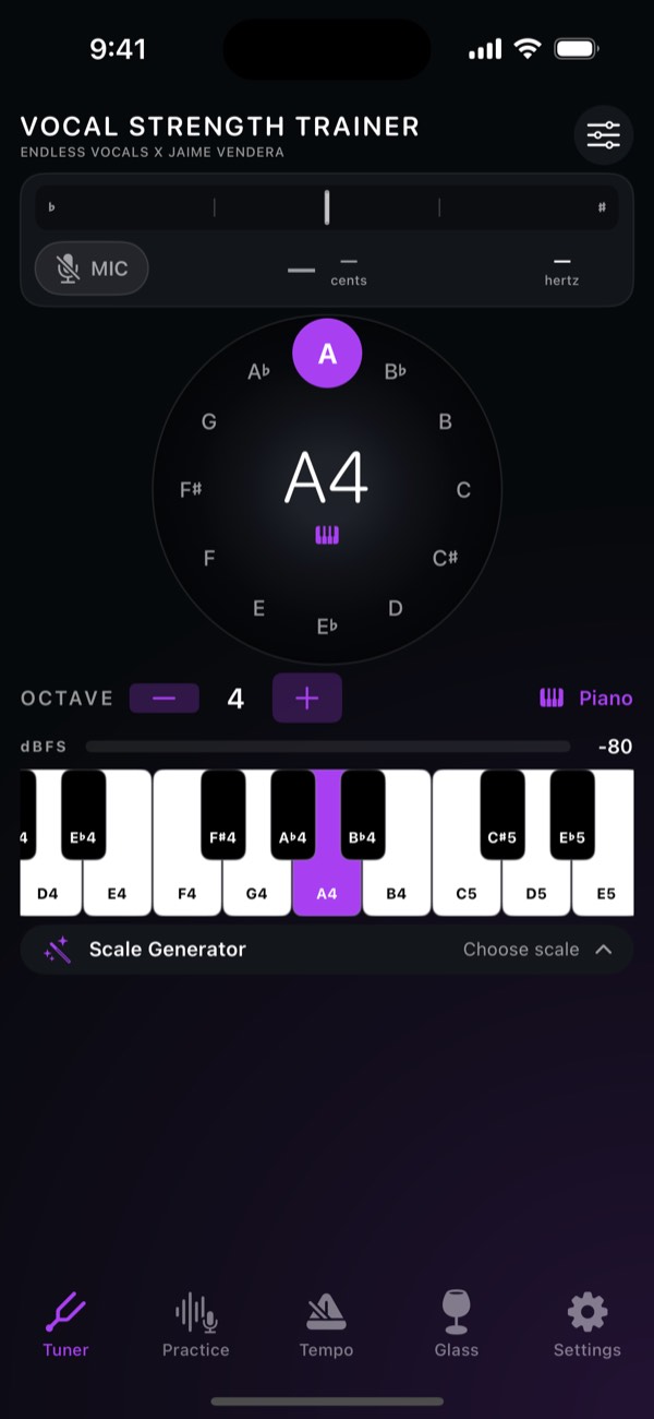 Pitch tuner and piano keyboard